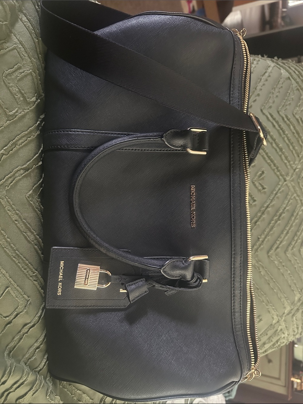 Michael Kors Black Saffiano Leather Travel Duffel with Gold Hardware